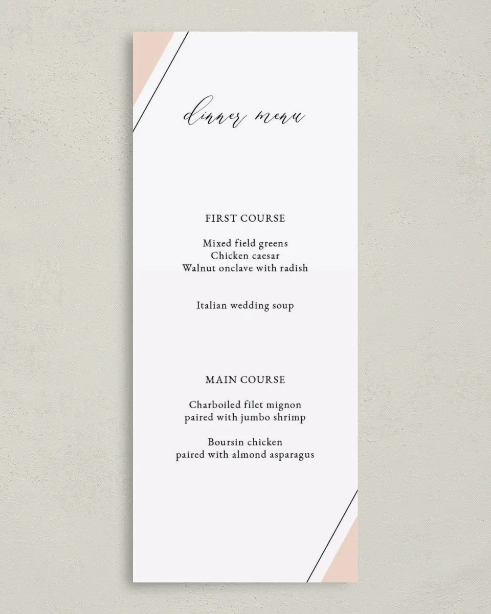 This is a 3⅝" x 8⅞" Wedding Menu Card called Love Sweet Love printed in full color on Premium Smooth paper