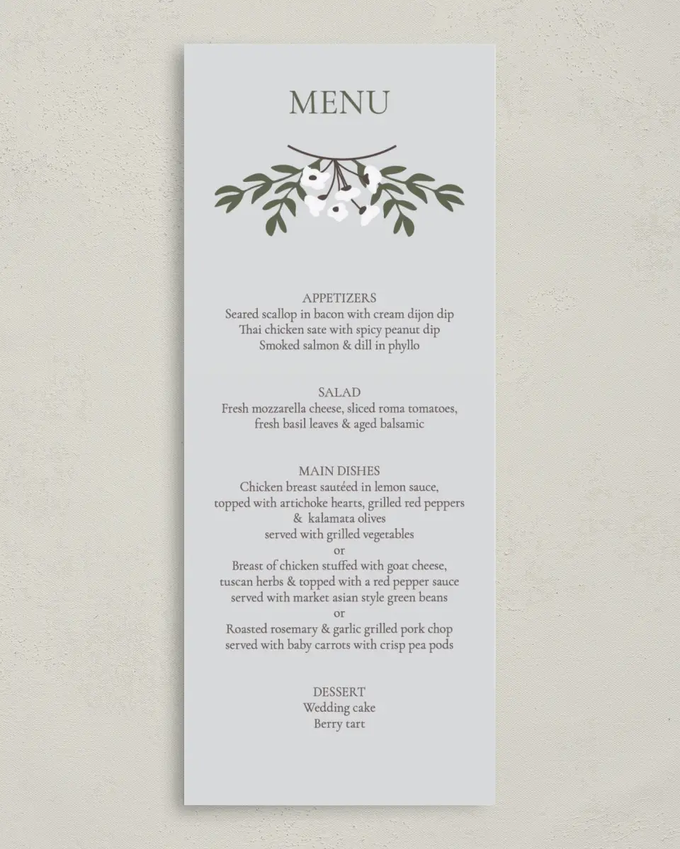 This is a 3⅝" x 8⅞" Wedding Menu Card called Floral Bliss printed in full color on Premium Smooth paper