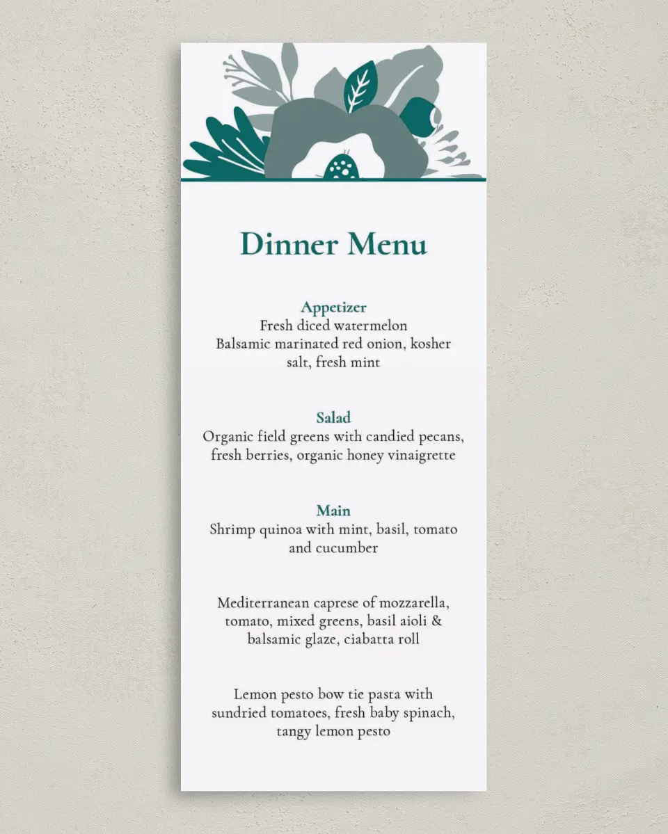 This is a 3⅝" x 8⅞" Wedding Menu Card called Blooming Delight printed in full color on Premium Smooth paper