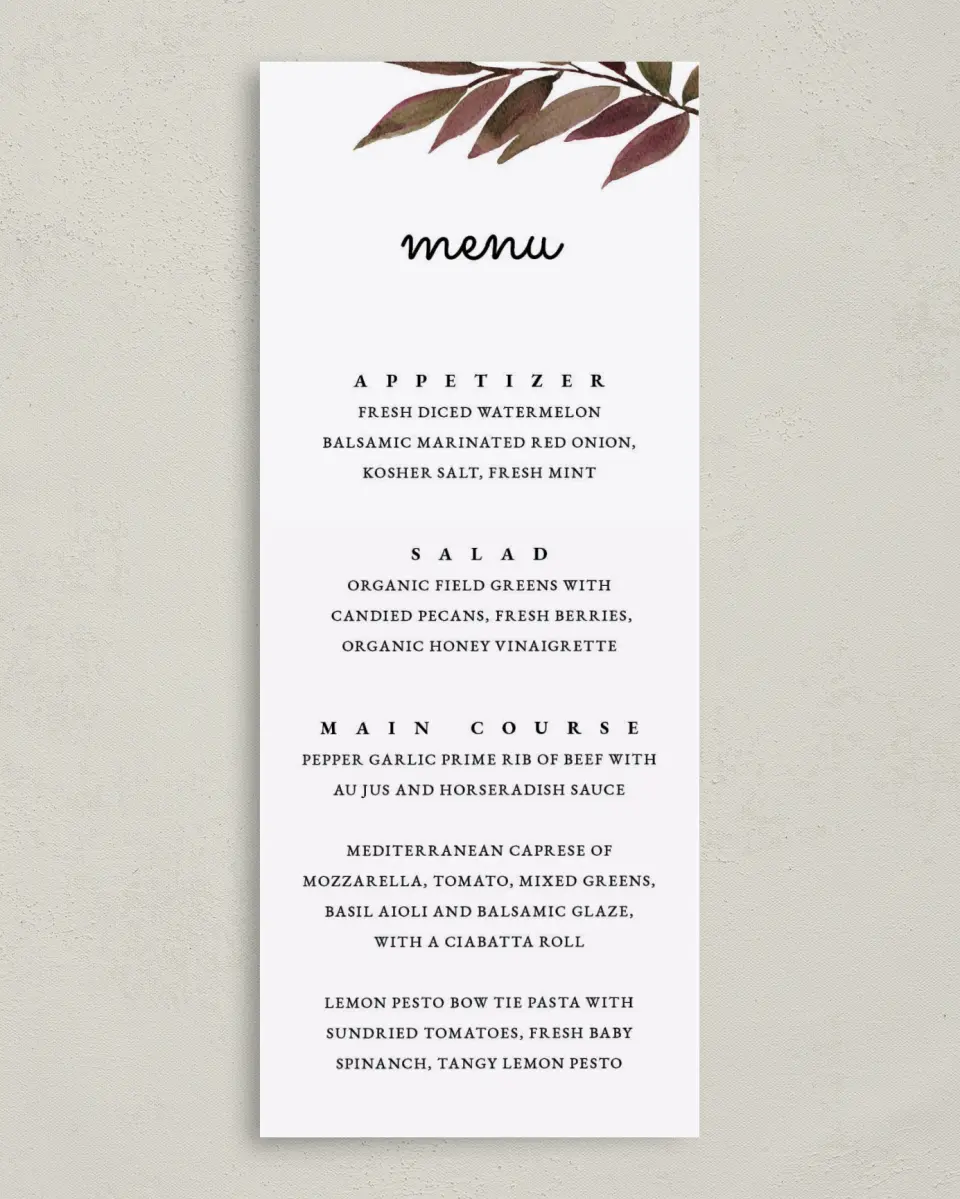 This is a 3⅝" x 8⅞" Wedding Menu Card called Lavish Leaves printed in full color on Premium Smooth paper