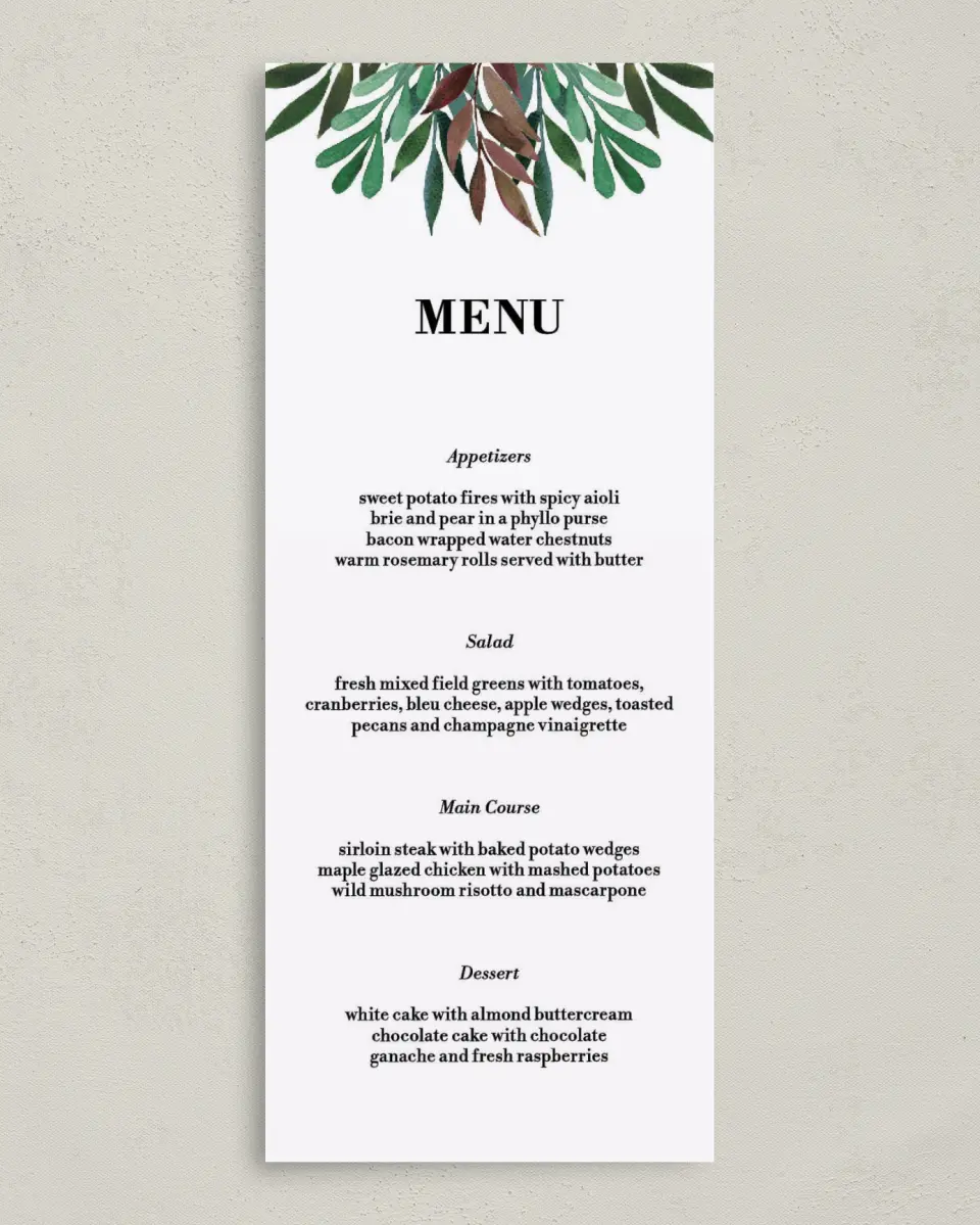 This is a 3⅝" x 8⅞" Wedding Menu Card called Graceful Frame printed in full color on Premium Smooth paper
