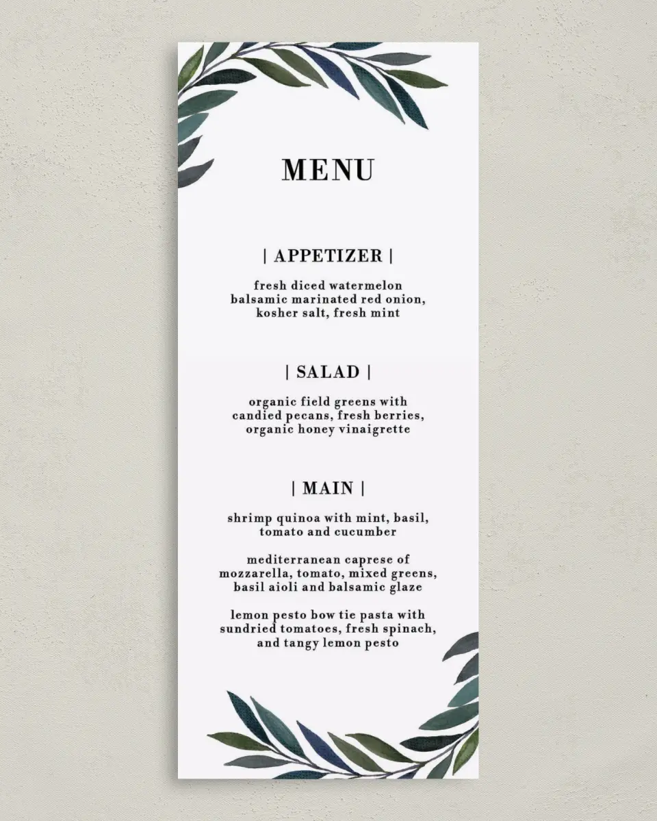 This is a 3⅝" x 8⅞" Wedding Menu Card called Laurel Crown printed in full color on Premium Smooth paper