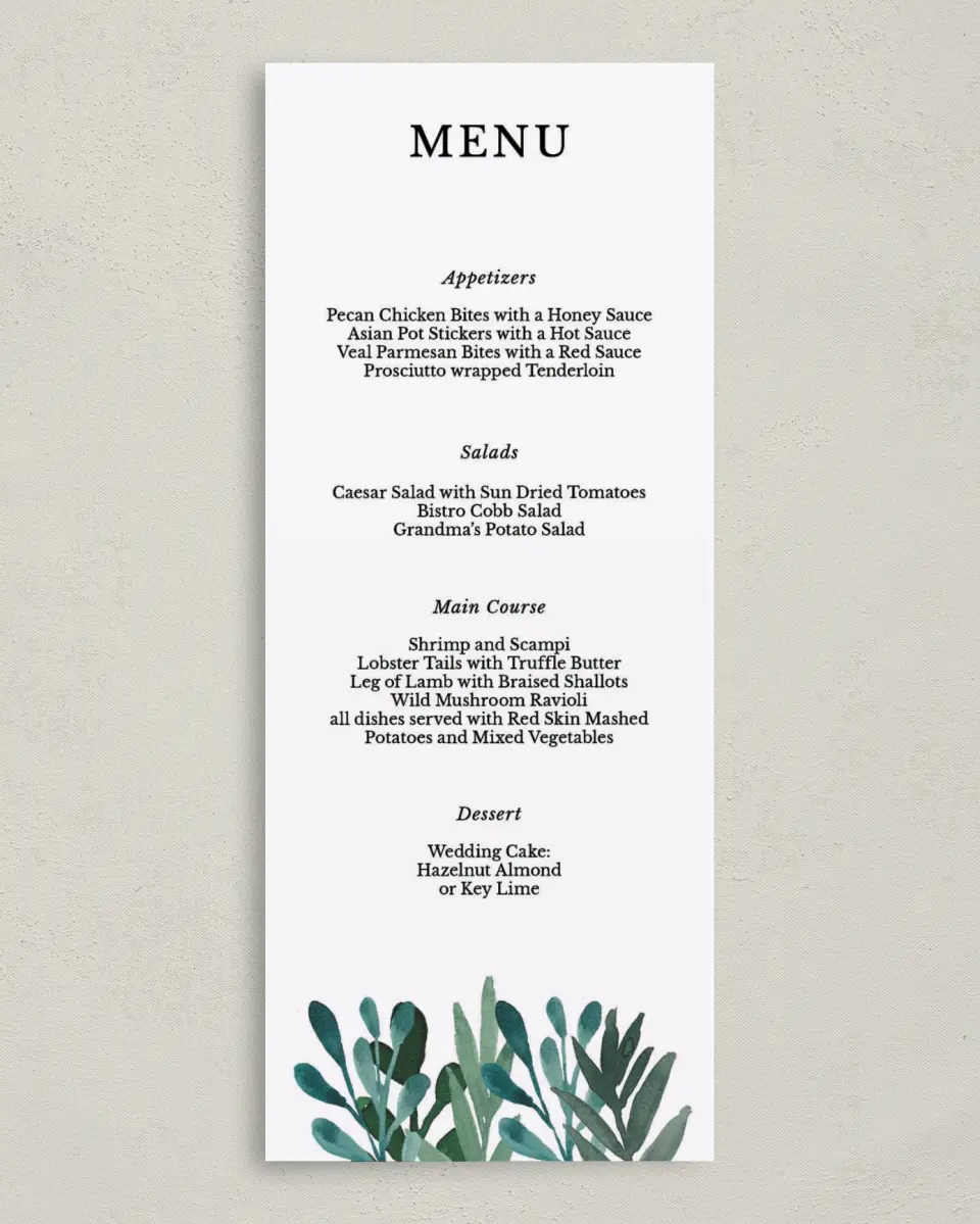 This is a 3⅝" x 8⅞" Wedding Menu Card called Breathtaking Boughs printed in full color on Premium Smooth paper