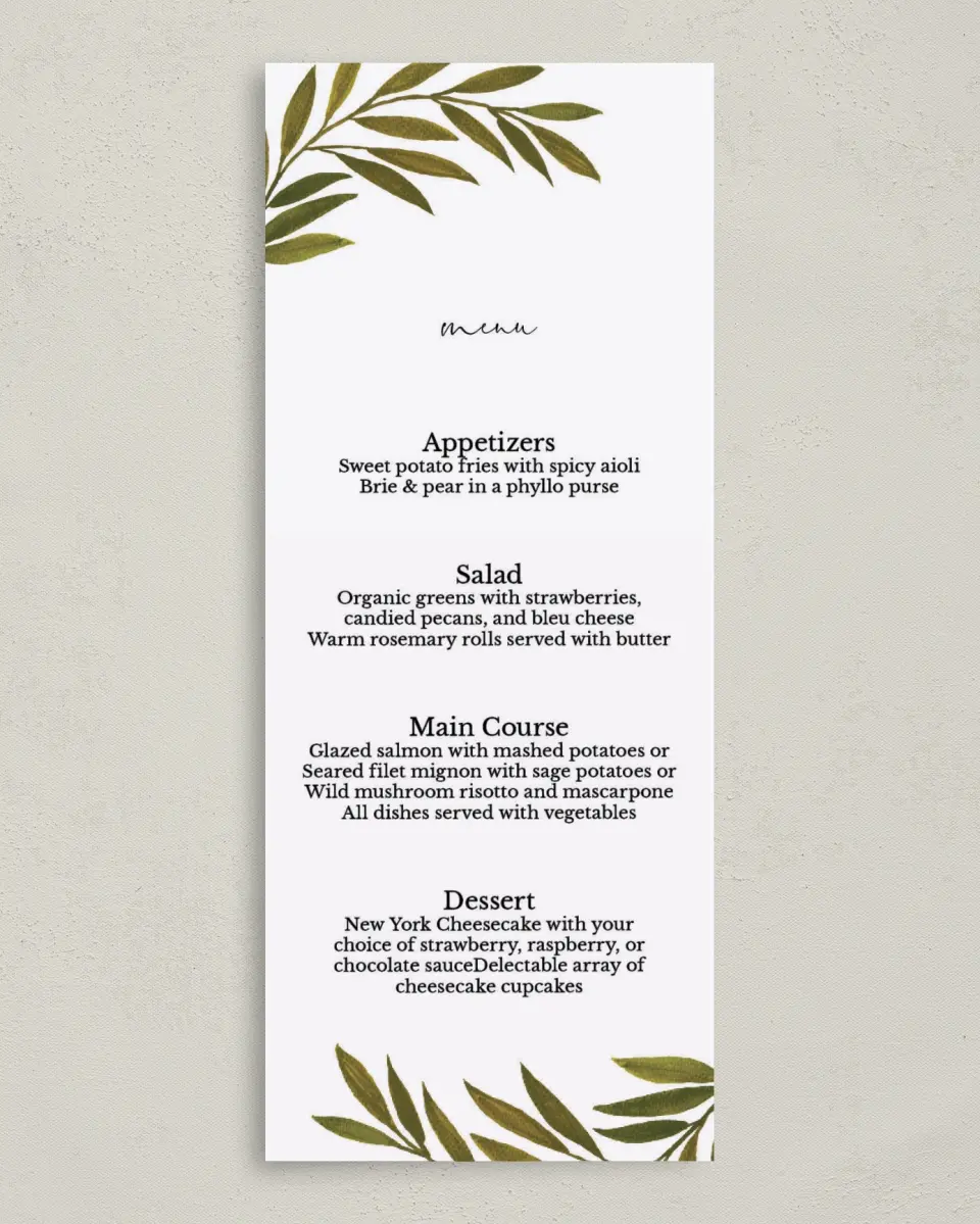 This is a 3⅝" x 8⅞" Wedding Menu Card called Gilded Sage printed in full color on Premium Smooth paper