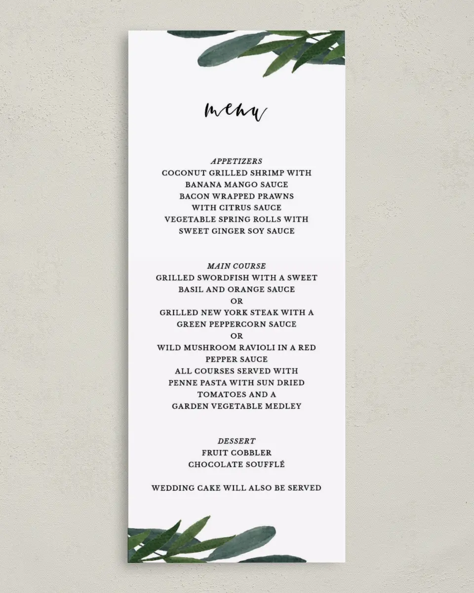 This is a 3⅝" x 8⅞" Wedding Menu Card called Painted Greens printed in full color on Premium Smooth paper