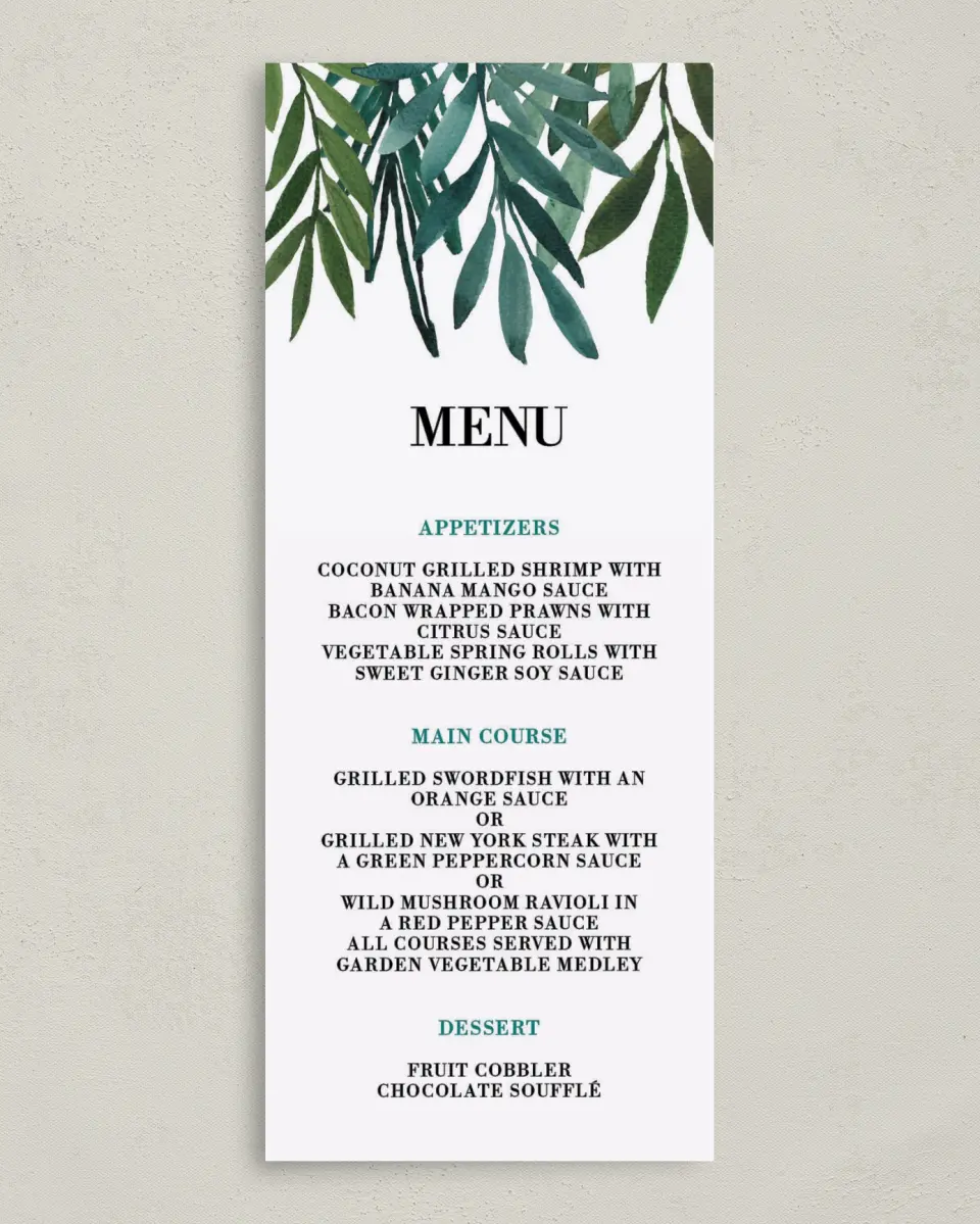 This is a 3⅝" x 8⅞" Wedding Menu Card called Sweet Eternity printed in full color on Premium Smooth paper