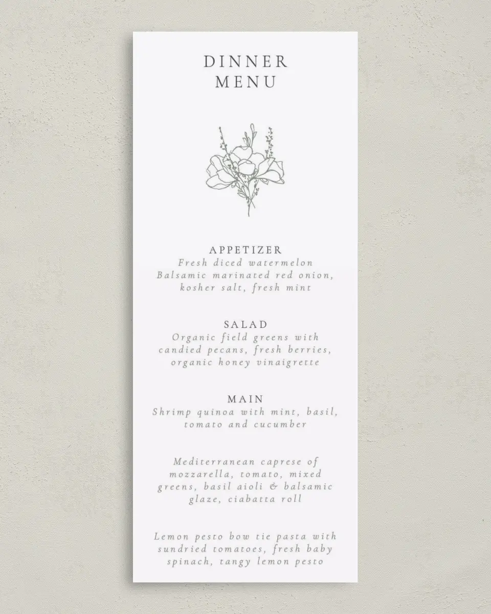 This is a 3⅝" x 8⅞" Wedding Menu Card called Poetic Bloom printed in full color on Premium Smooth paper