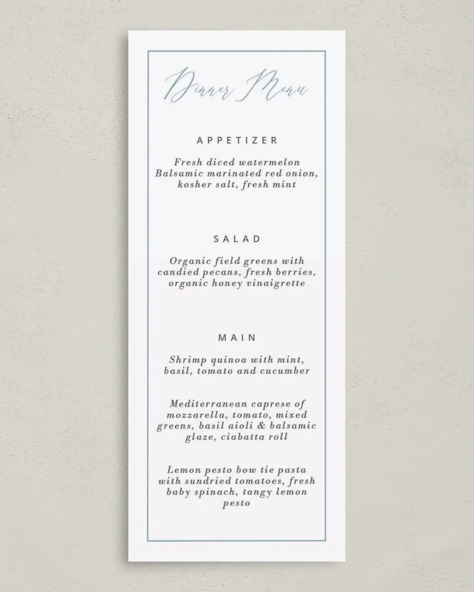 This is a 3⅝" x 8⅞" Wedding Menu Card called Eternal Love printed in full color on Premium Smooth paper