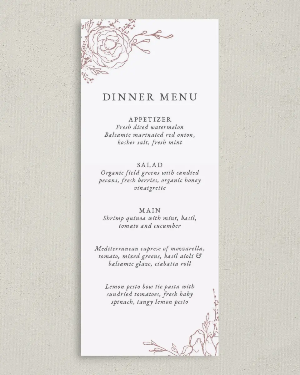 This is a 3⅝" x 8⅞" Wedding Menu Card called Blooming Rose printed in full color on Premium Smooth paper
