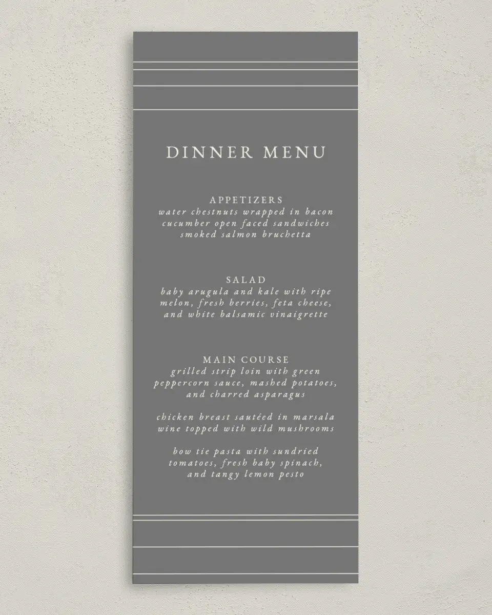 This is a 3⅝" x 8⅞" Wedding Menu Card called Harmonious Stripes printed in full color on Premium Smooth paper