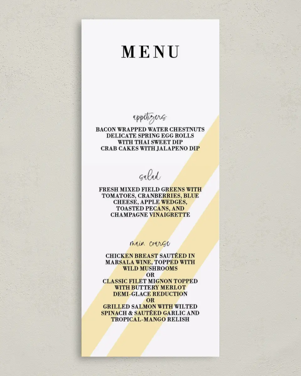 This is a 3⅝" x 8⅞" Wedding Menu Card called Cascading Light printed in full color on Premium Smooth paper