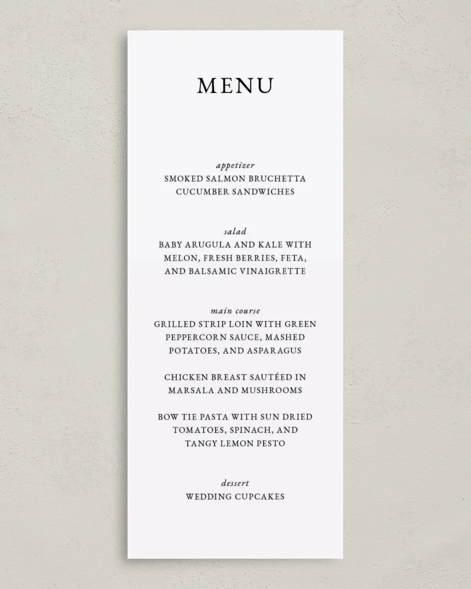 This is a 3⅝" x 8⅞" Wedding Menu Card called Garden Dream printed in full color on Premium Smooth paper