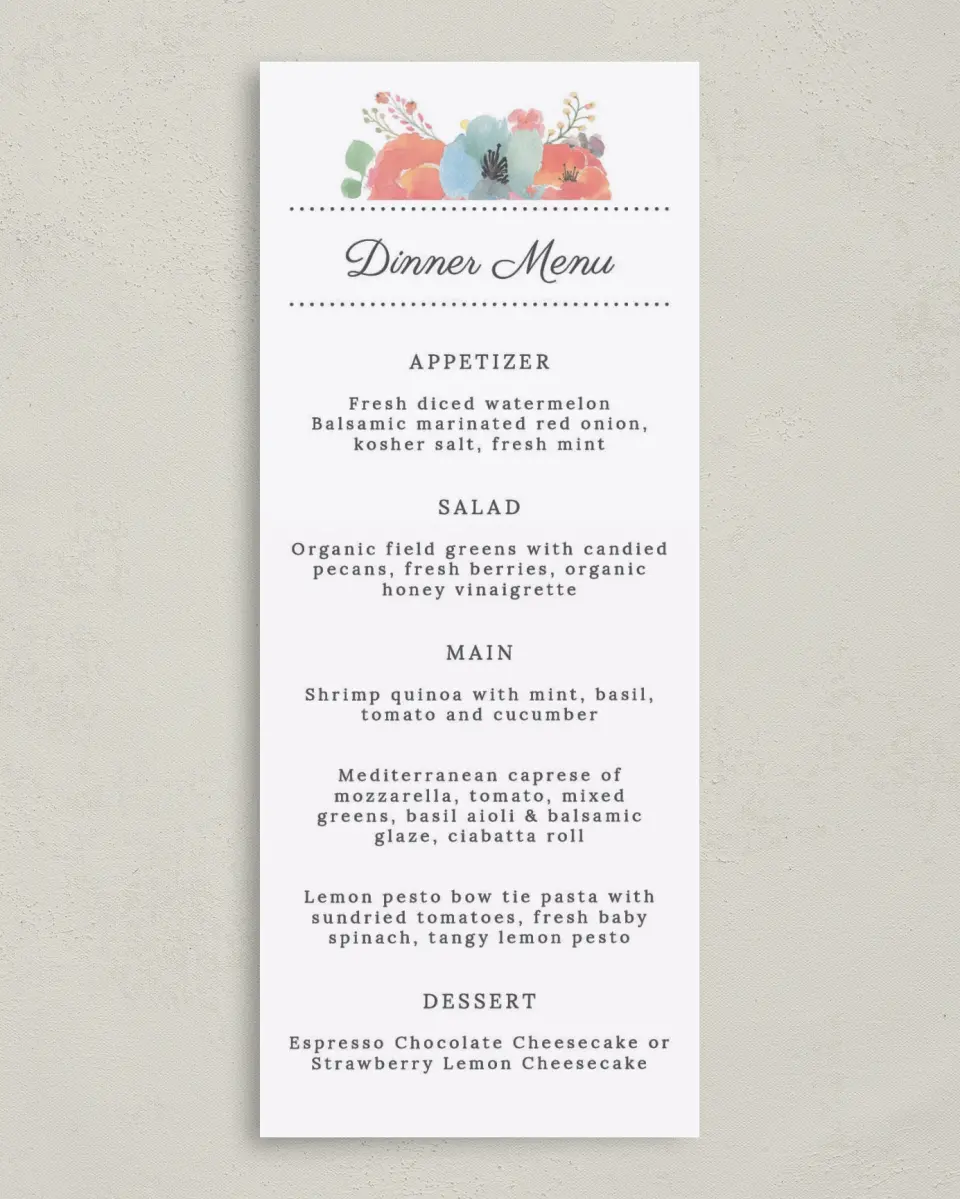 This is a 3⅝" x 8⅞" Wedding Menu Card called Joyful Medley printed in full color on Premium Smooth paper