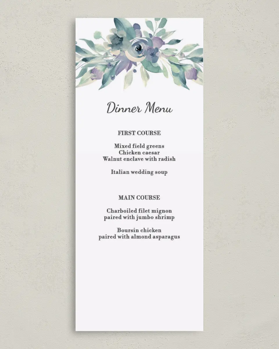 This is a 3⅝" x 8⅞" Wedding Menu Card called Glorious Crown printed in full color on Premium Smooth paper