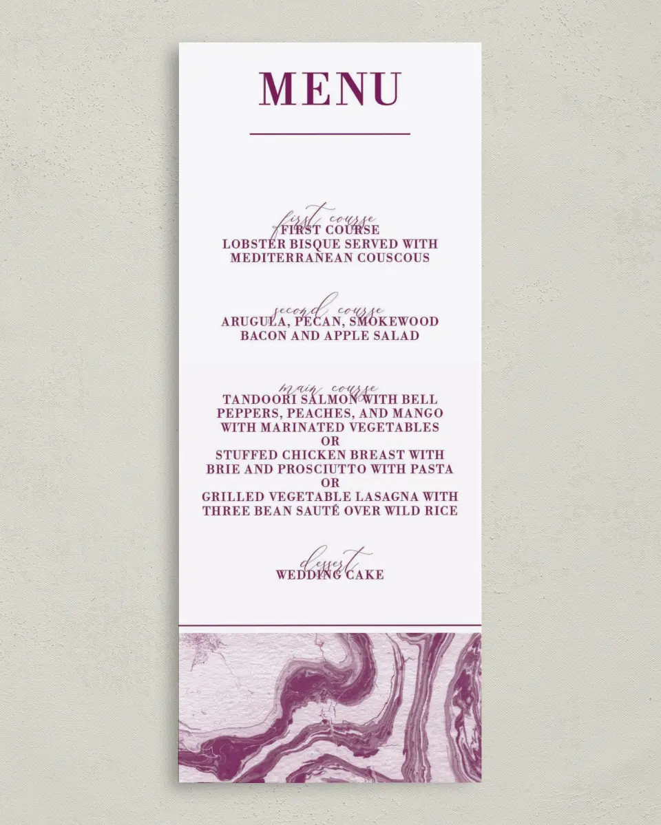 This is a 3⅝" x 8⅞" Wedding Menu Card called Marble Mystique printed in full color on Premium Smooth paper