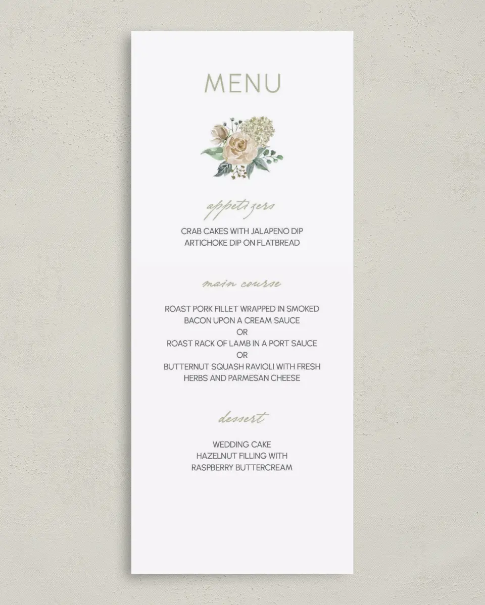 This is a 3⅝" x 8⅞" Wedding Menu Card called Divine Romance printed in full color on Premium Smooth paper