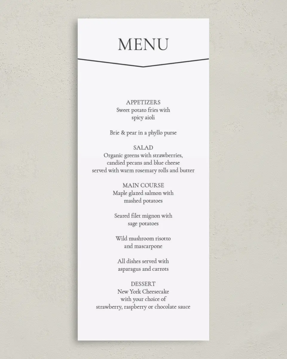 This is a 3⅝" x 8⅞" Wedding Menu Card called Eternal Autumn printed in full color on Premium Smooth paper
