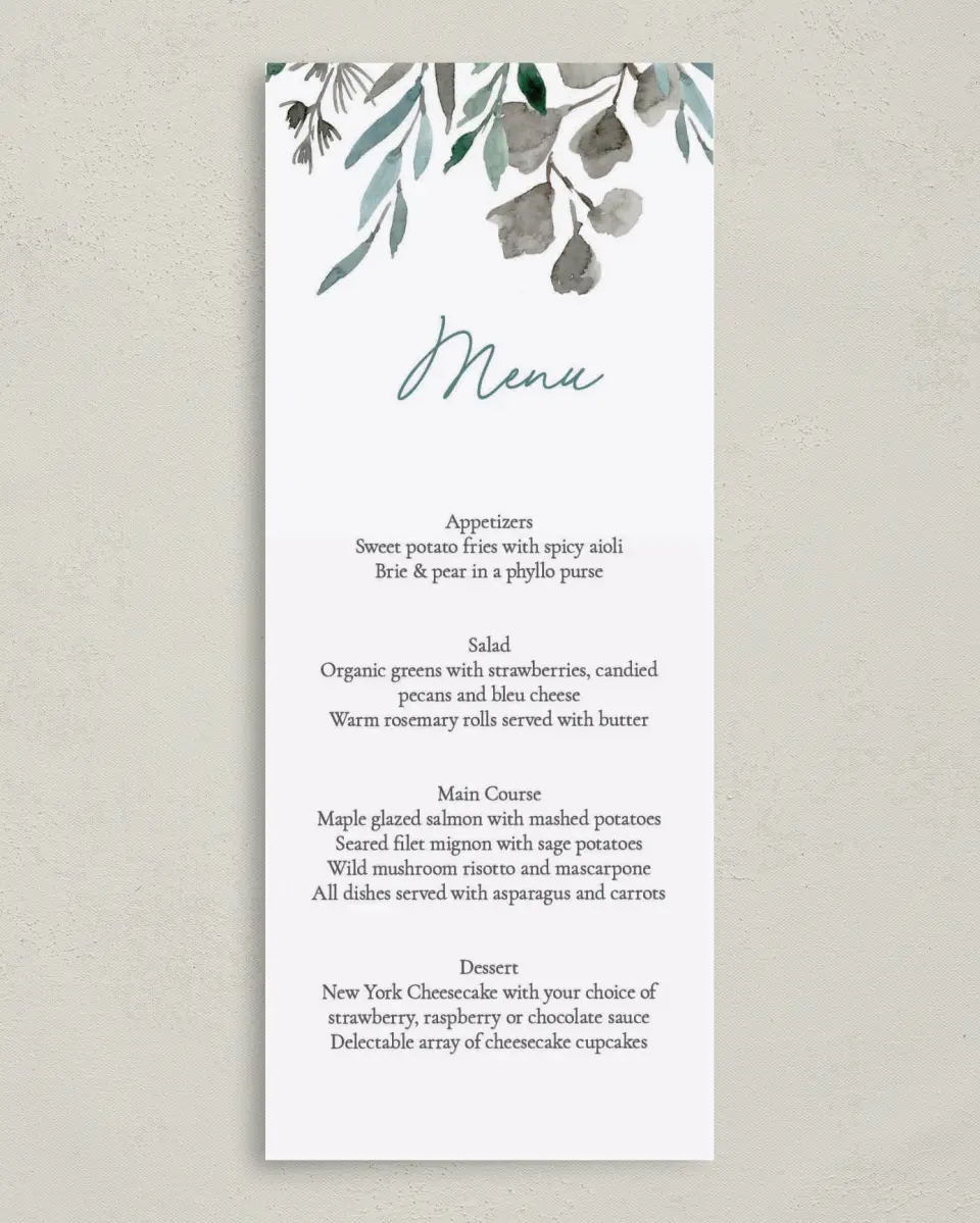 This is a 3⅝" x 8⅞" Wedding Menu Card called Blissfully Fall printed in full color on Premium Smooth paper