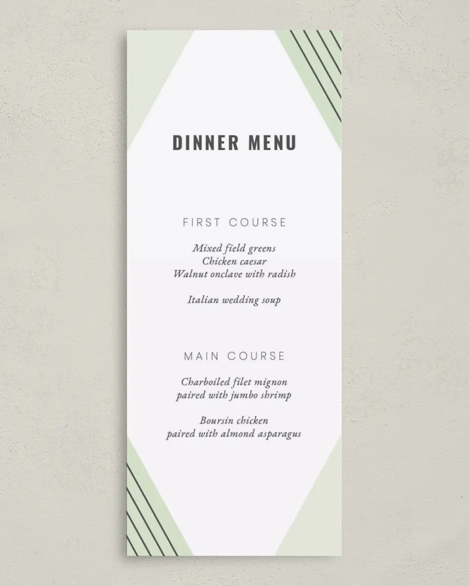 This is a 3⅝" x 8⅞" Wedding Menu Card called Geometric Weave printed in full color on Premium Smooth paper