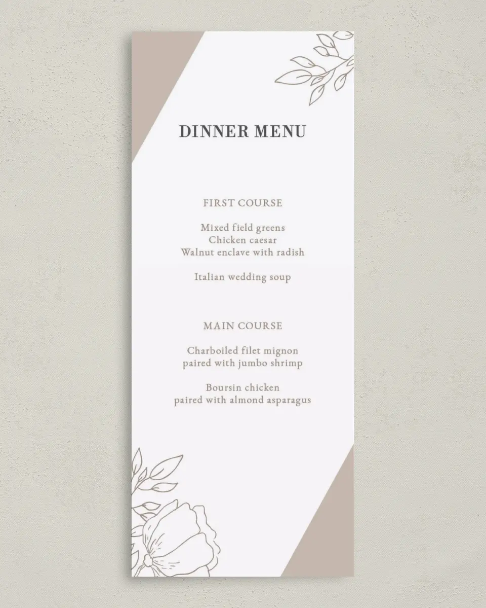 This is a 3⅝" x 8⅞" Wedding Menu Card called Delicate Splendor printed in full color on Premium Smooth paper
