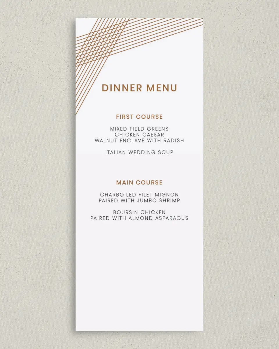 This is a 3⅝" x 8⅞" Wedding Menu Card called Dashing Strands printed in full color on Premium Smooth paper