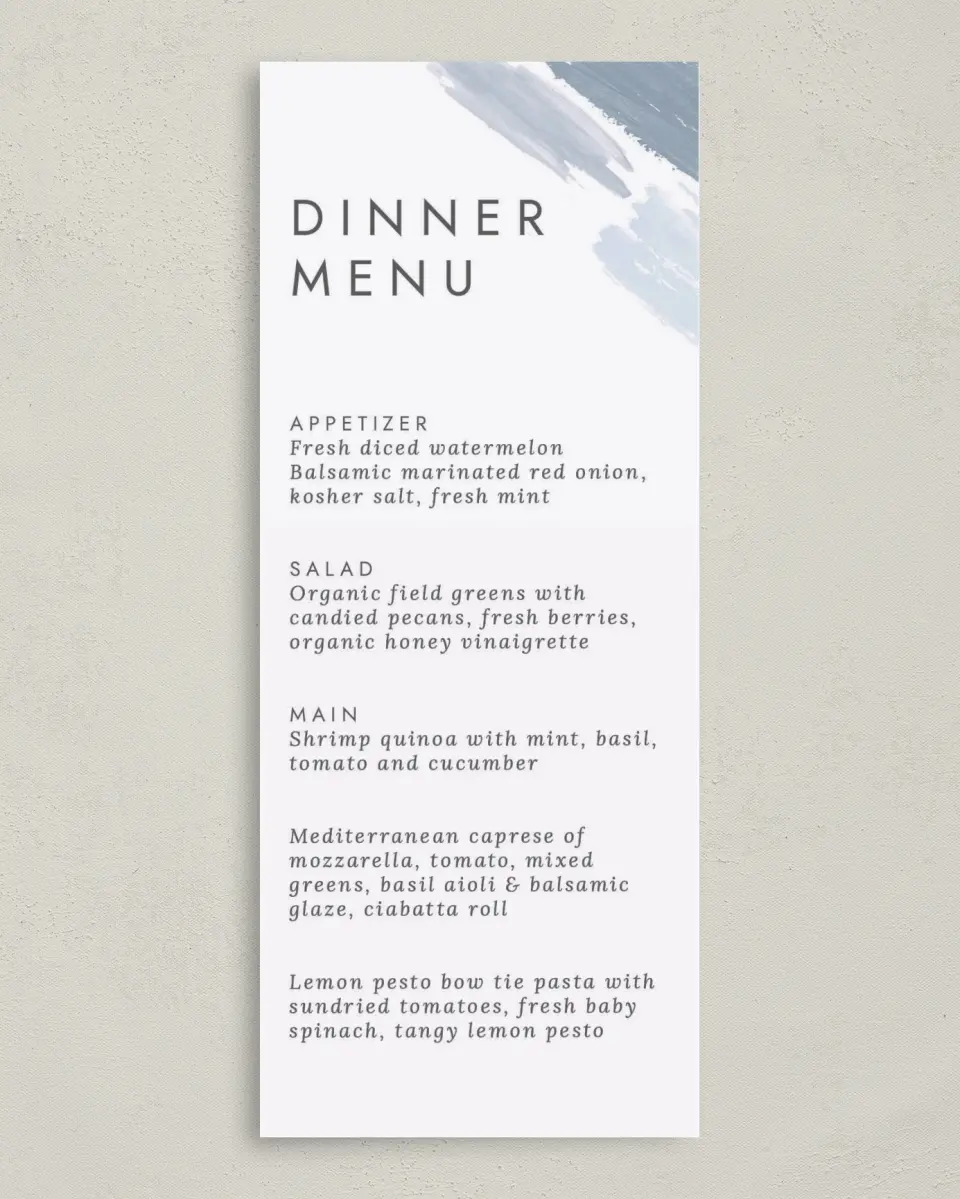 This is a 3⅝" x 8⅞" Wedding Menu Card called Ethereal Swaths printed in full color on Premium Smooth paper