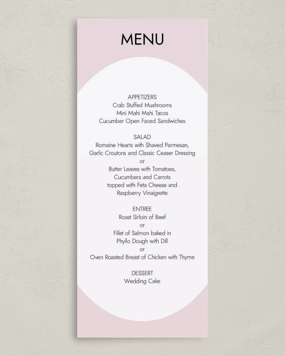 This is a 3⅝" x 8⅞" Wedding Menu Card called On the Reef printed in full color on Premium Smooth paper
