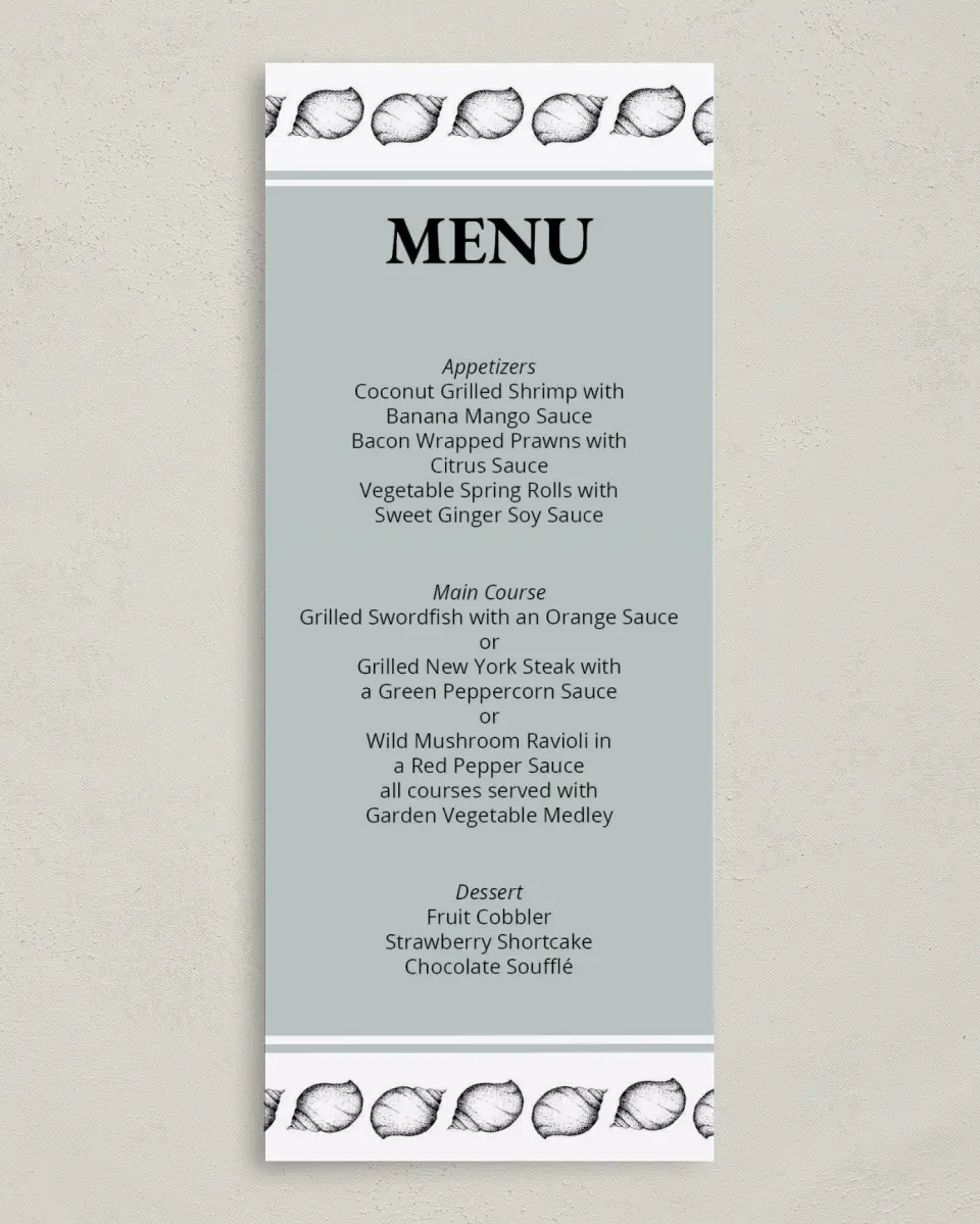 This is a 3⅝" x 8⅞" Wedding Menu Card called Maritime Bliss printed in full color on Premium Smooth paper