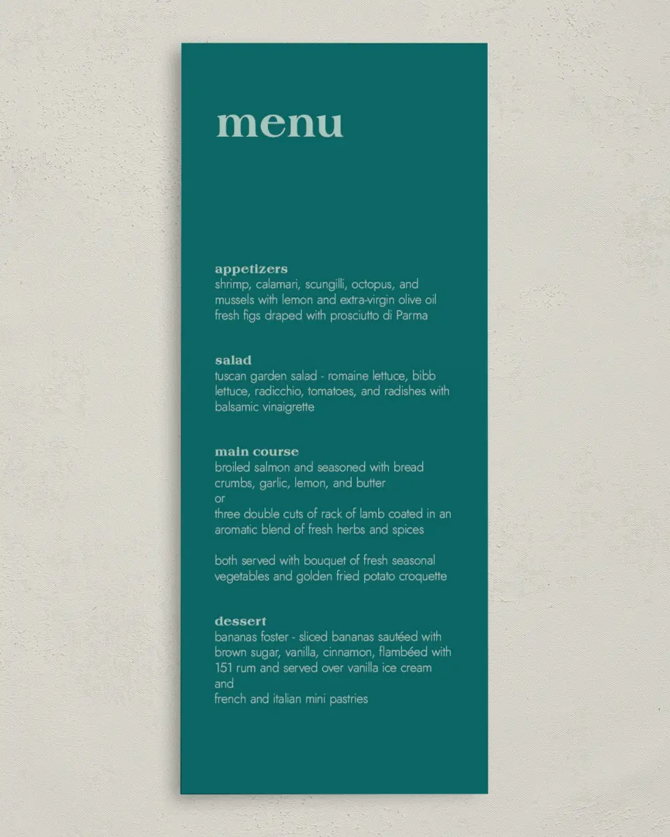 This is a 3⅝" x 8⅞" Wedding Menu Card called Love Eternal printed in full color on Premium Smooth paper