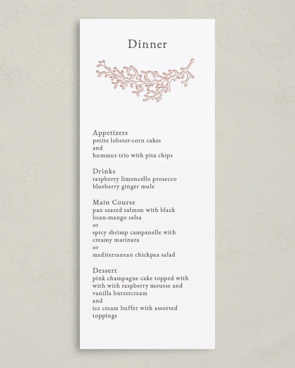 This is a 3⅝" x 8⅞" Wedding Menu Card called Tropical Heaven printed in full color on Premium Smooth paper