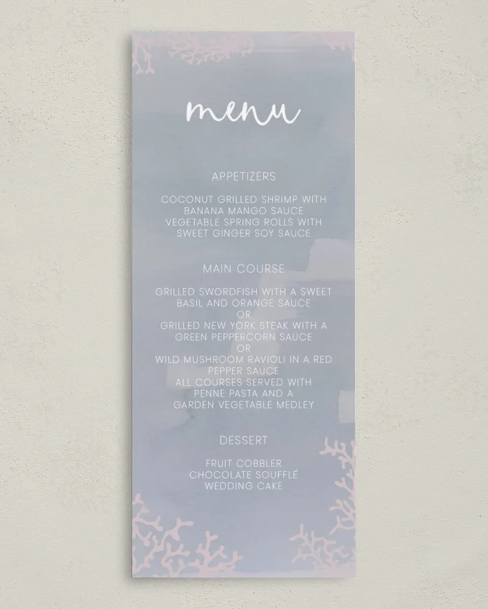 This is a 3⅝" x 8⅞" Wedding Menu Card called Enchanting Sea printed in full color on Premium Smooth paper
