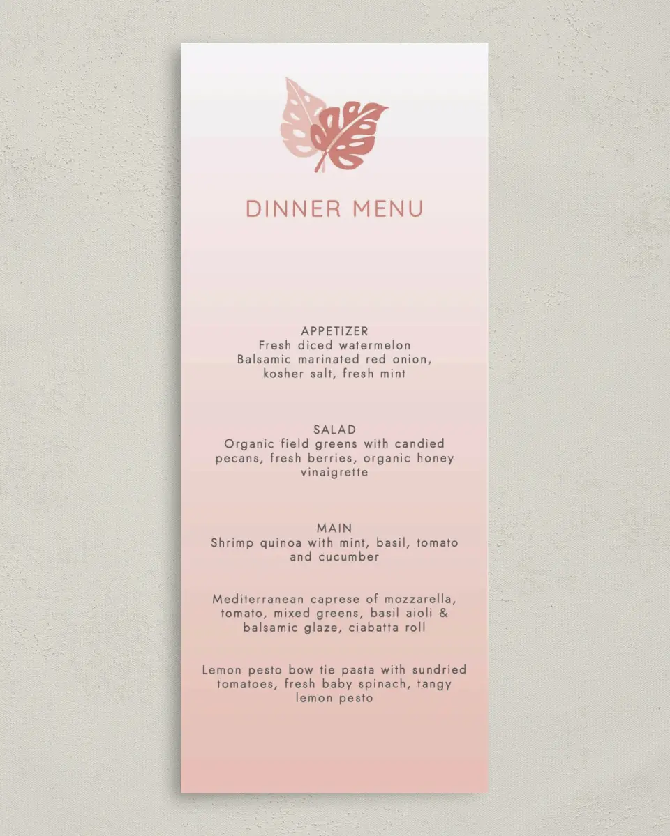 This is a 3⅝" x 8⅞" Wedding Menu Card called Tropical Palms printed in full color on Premium Smooth paper