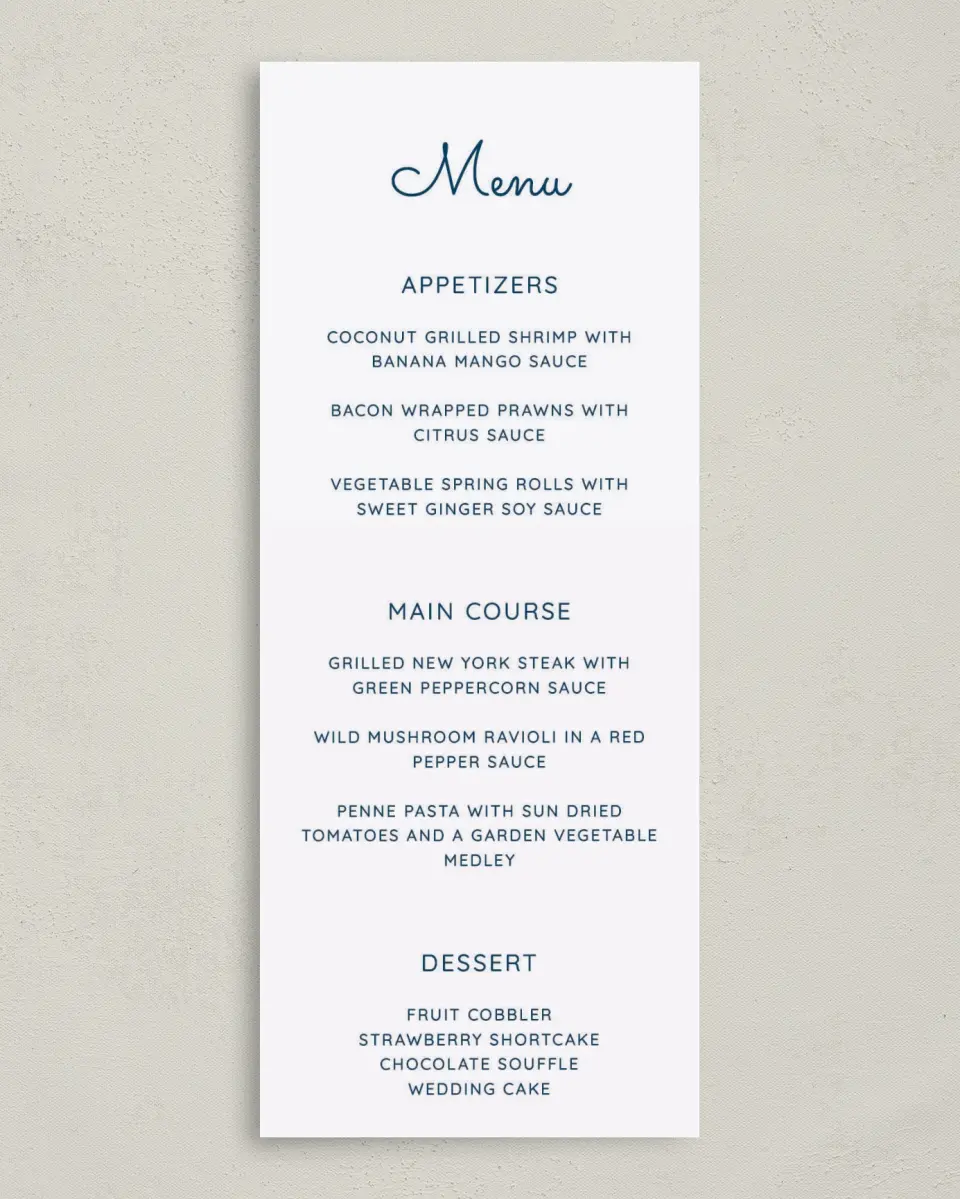 This is a 3⅝" x 8⅞" Wedding Menu Card called Nautical Stripes printed in full color on Premium Smooth paper