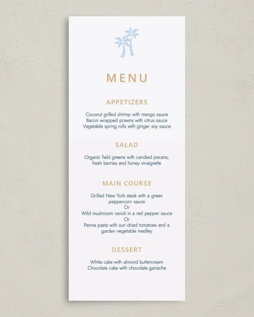 This is a 3⅝" x 8⅞" Wedding Menu Card called Stamped Palms printed in full color on Premium Smooth paper