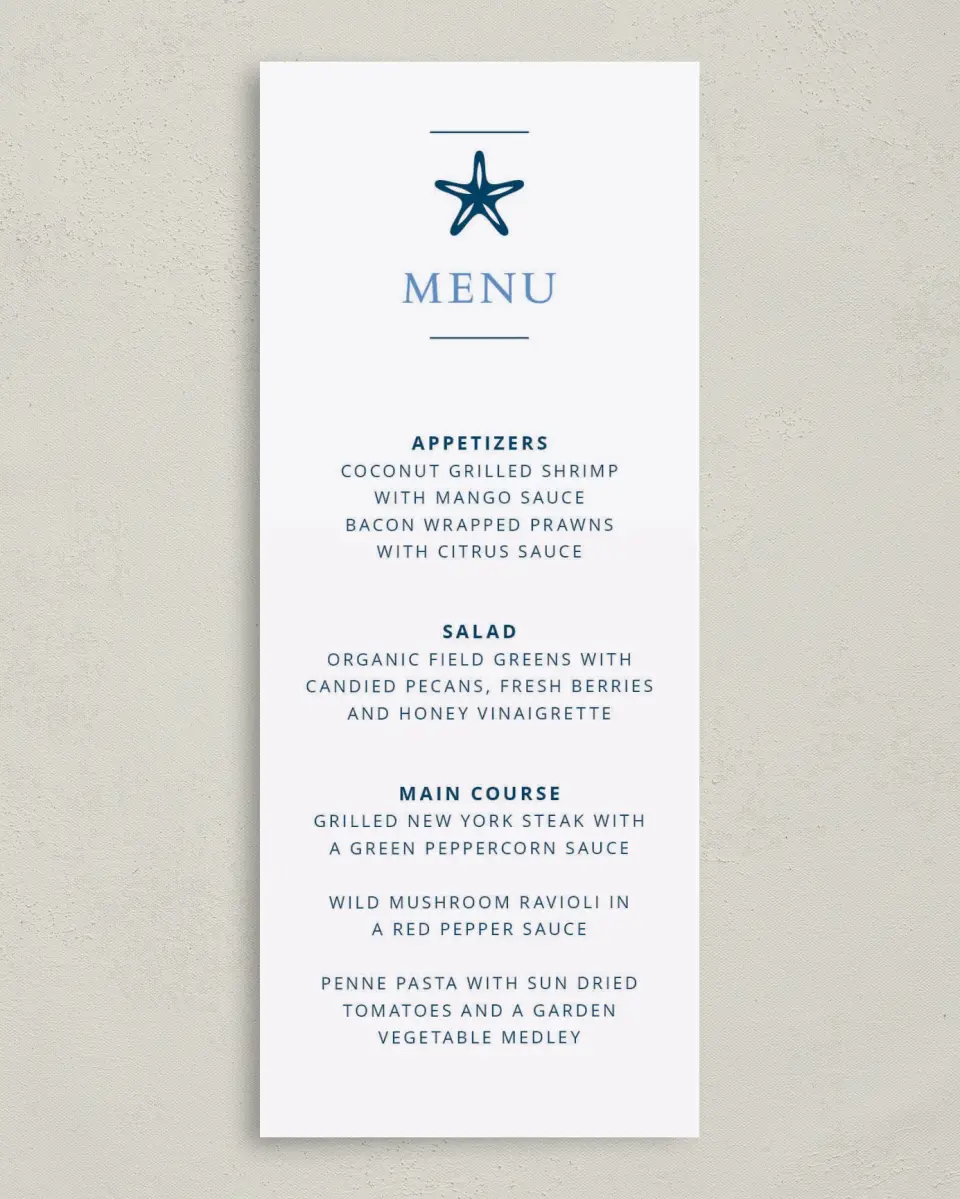 This is a 3⅝" x 8⅞" Wedding Menu Card called Beachcomber printed in full color on Premium Smooth paper