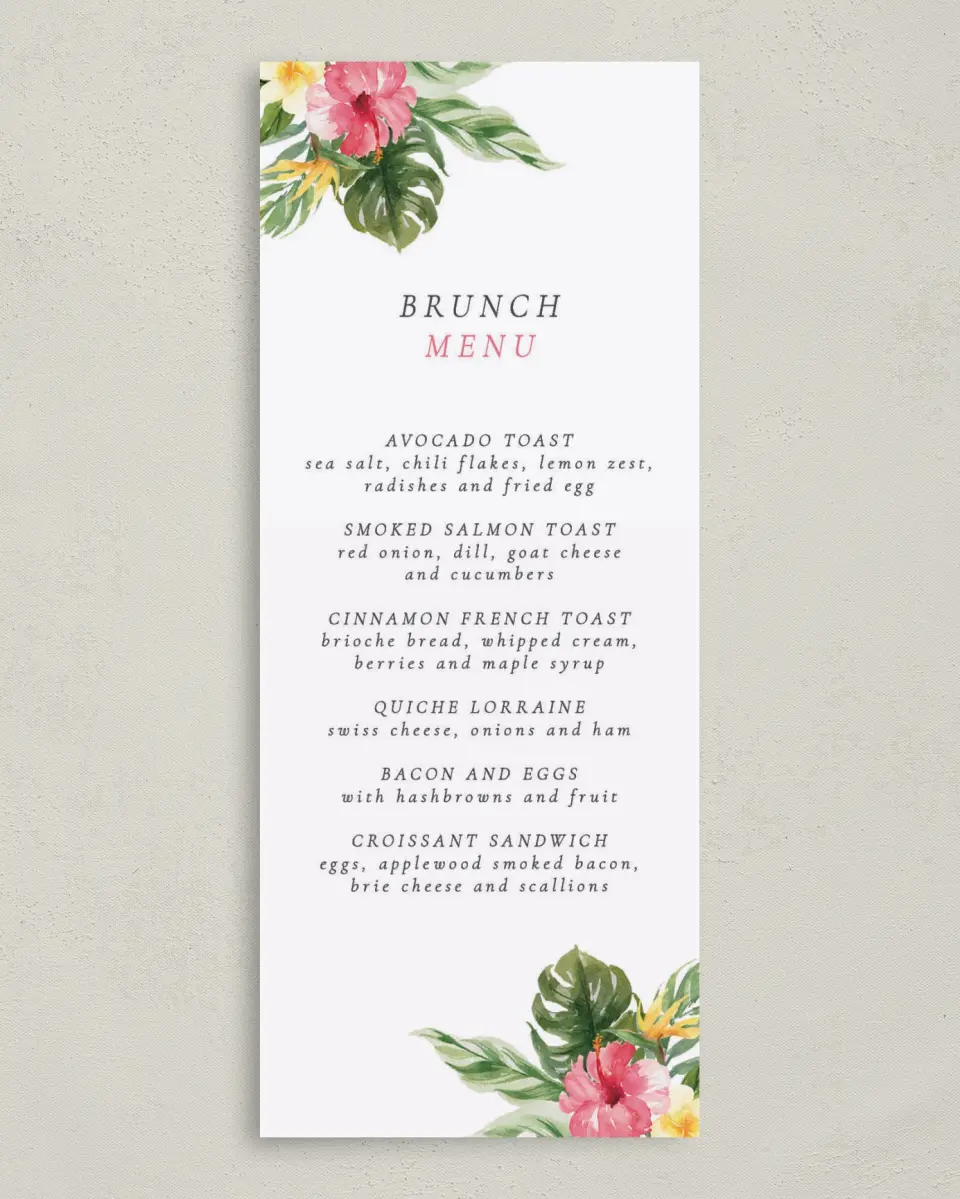 This is a 3⅝" x 8⅞" Wedding Menu Card called Paradise of Love printed in full color on Premium Smooth paper