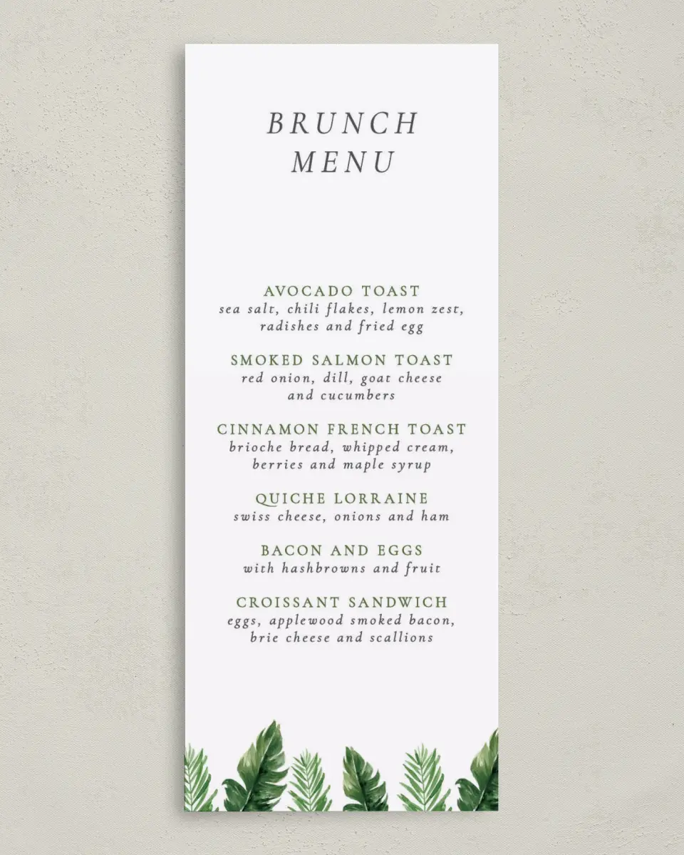 This is a 3⅝" x 8⅞" Wedding Menu Card called Beach Palms printed in full color on Premium Smooth paper