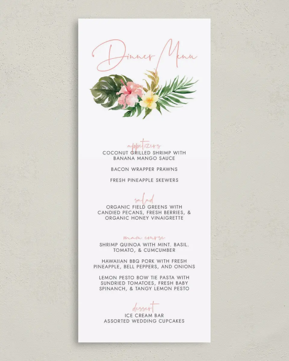 This is a 3⅝" x 8⅞" Wedding Menu Card called Perfect Paradise printed in full color on Premium Smooth paper