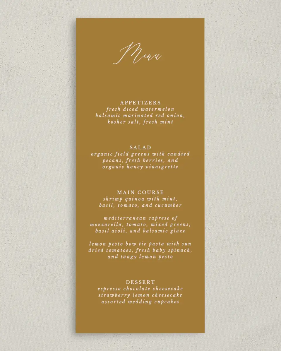 This is a 3⅝" x 8⅞" Wedding Menu Card called Beloved Crest printed in full color on Premium Smooth paper