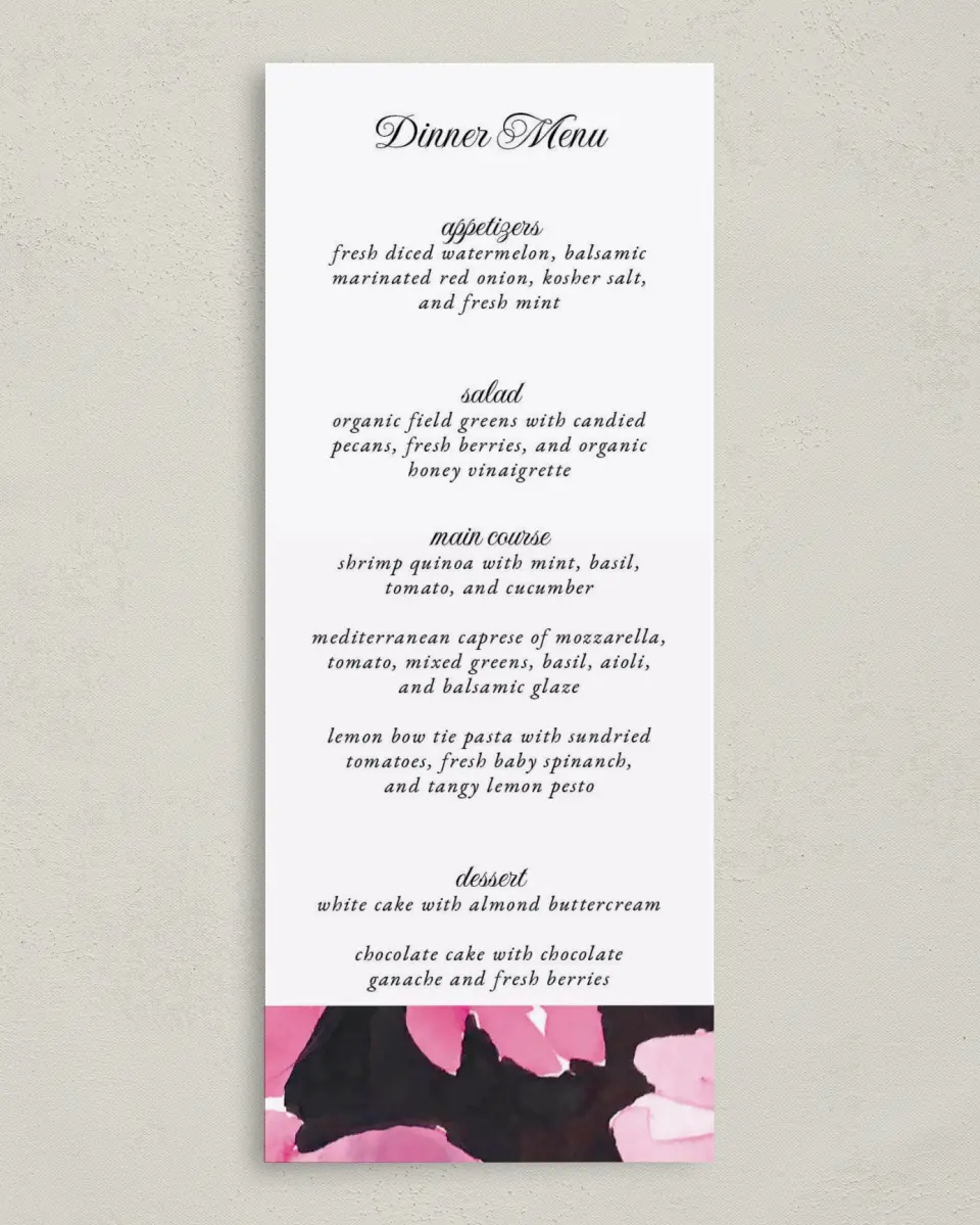 This is a 3⅝" x 8⅞" Wedding Menu Card called Dark Blooms printed in full color on Premium Smooth paper