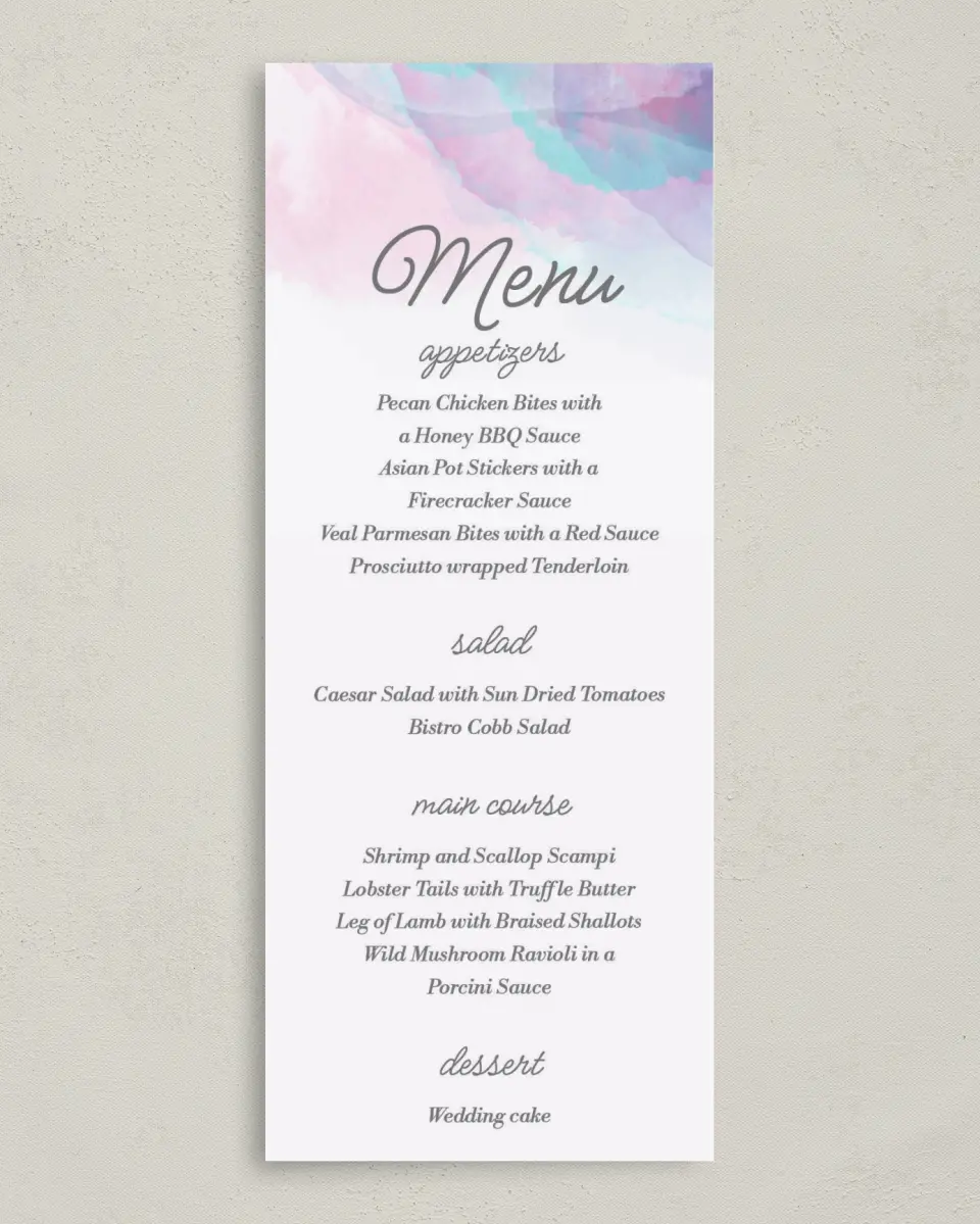 This is a 3⅝" x 8⅞" Wedding Menu Card called Joyful Enchantment printed in full color on Premium Smooth paper