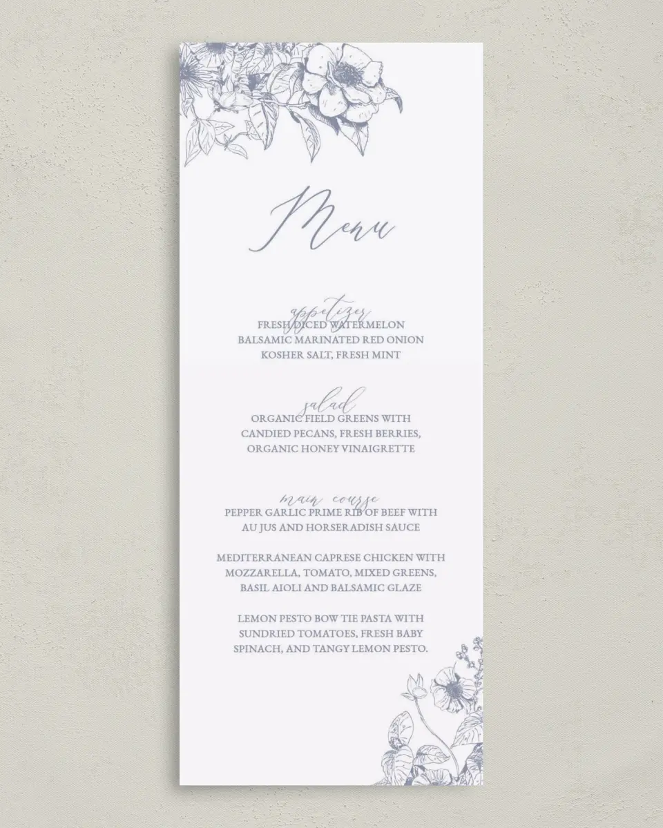 This is a 3⅝" x 8⅞" Wedding Menu Card called Gentle Bouquet printed in full color on Premium Smooth paper
