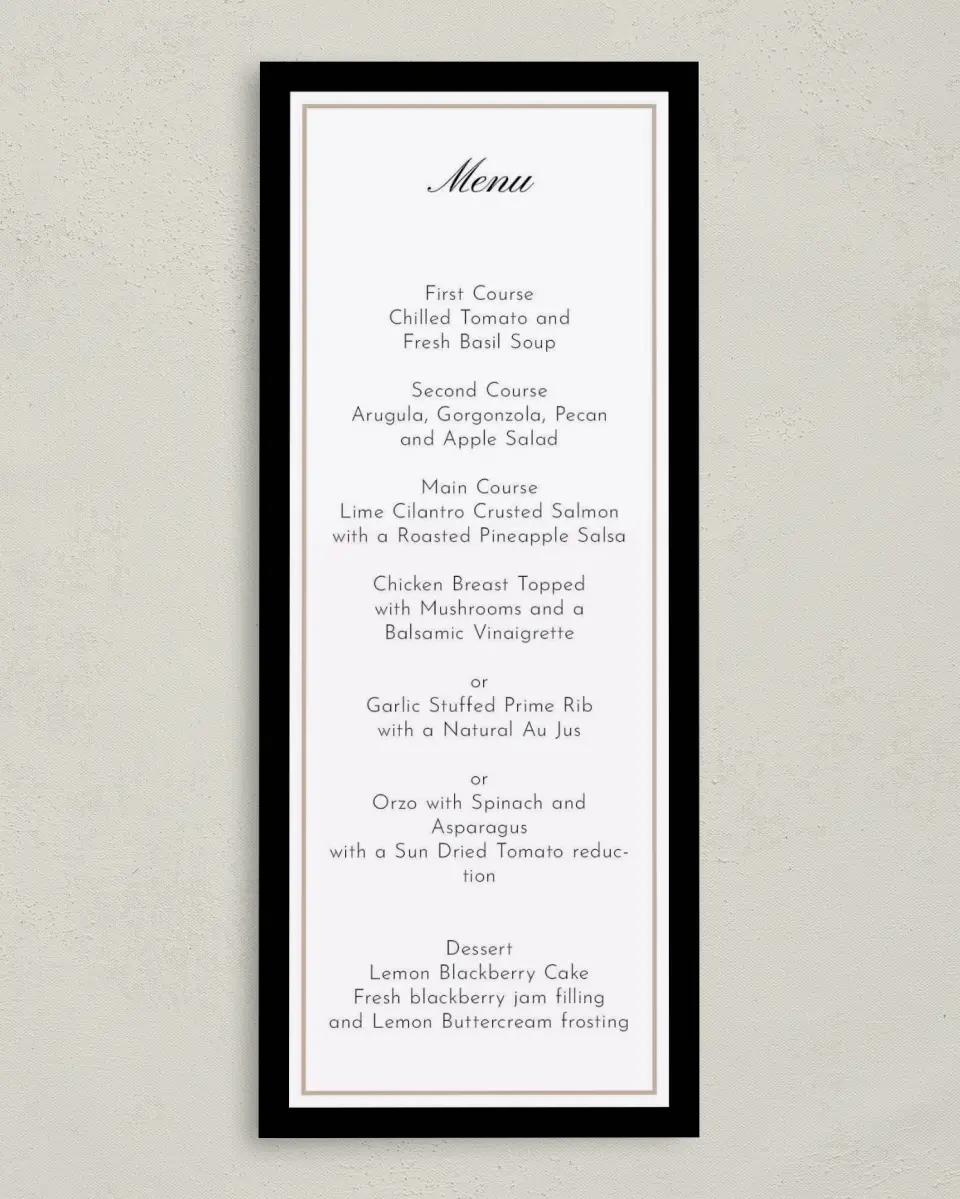 This is a 3⅝" x 8⅞" Wedding Menu Card called Scripted Holiday Event printed in full color on Premium Smooth paper