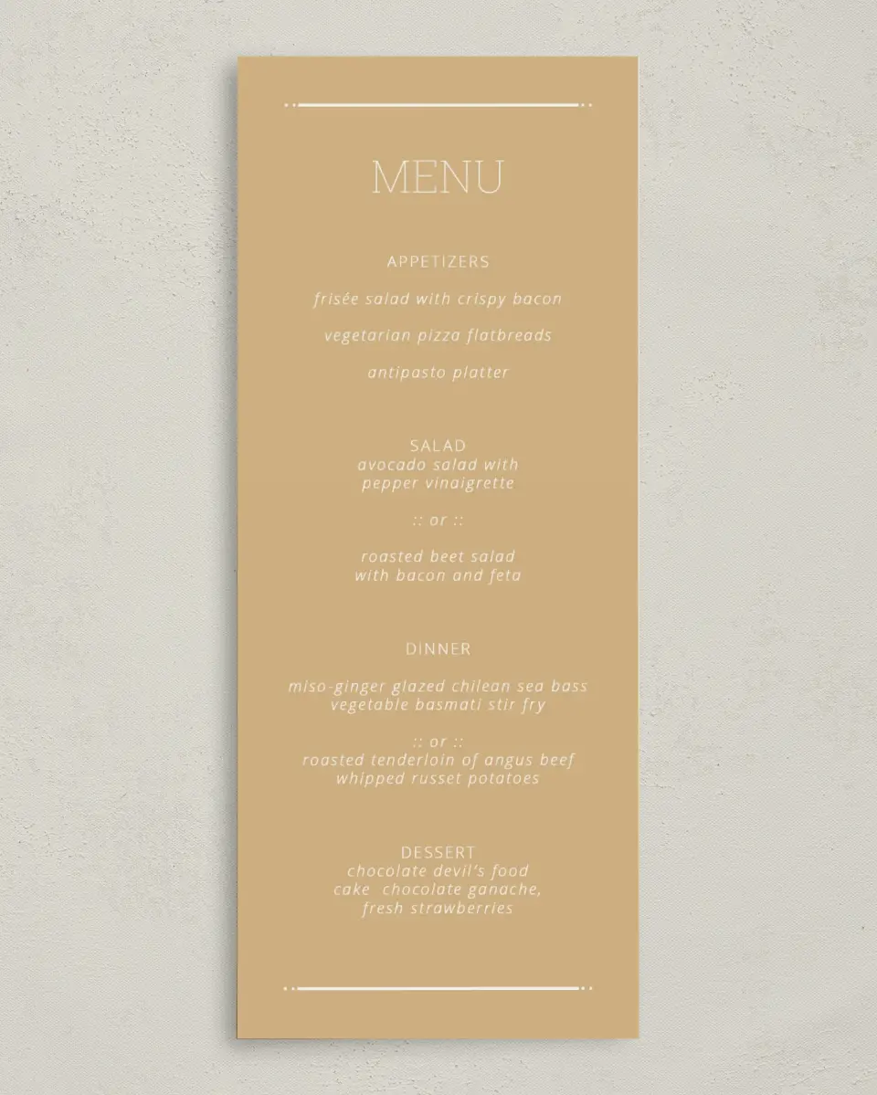This is a 3⅝" x 8⅞" Wedding Menu Card called Much Appreciated printed in full color on Premium Smooth paper