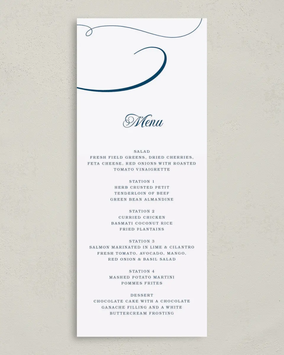 This is a 3⅝" x 8⅞" Wedding Menu Card called Grand Gala printed in full color on Premium Smooth paper