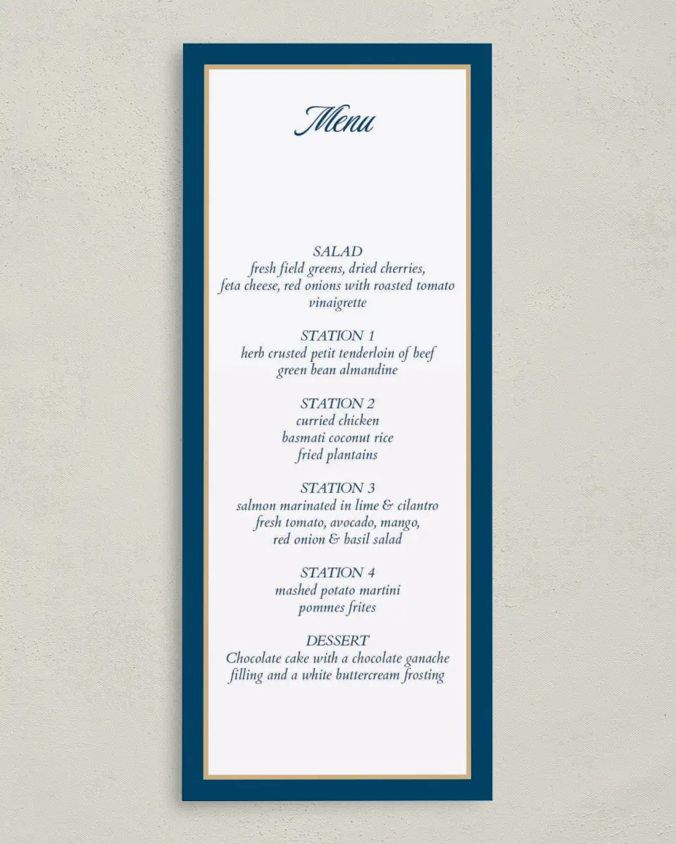 This is a 3⅝" x 8⅞" Wedding Menu Card called Corporate Milestone printed in full color on Premium Smooth paper