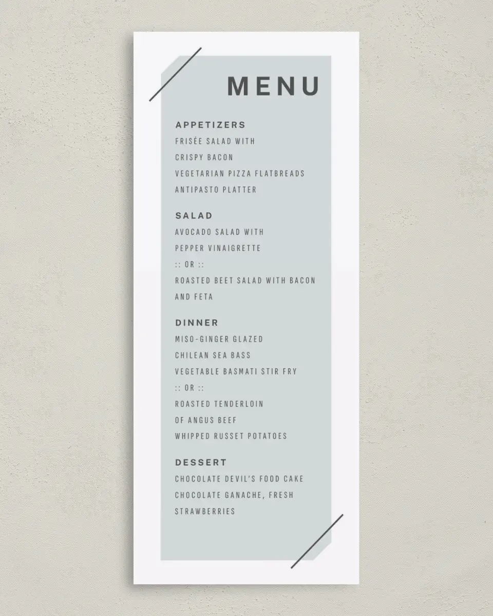 This is a 3⅝" x 8⅞" Wedding Menu Card called On the Scene printed in full color on Premium Smooth paper