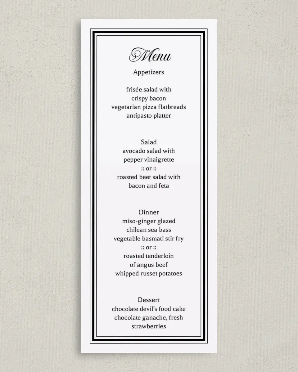 This is a 3⅝" x 8⅞" Wedding Menu Card called Formally Framed printed in full color on Premium Smooth paper