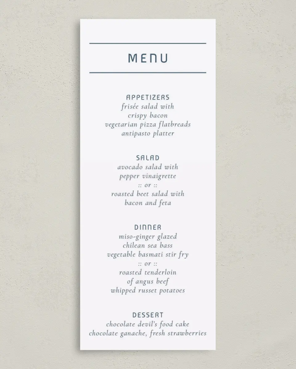 This is a 3⅝" x 8⅞" Wedding Menu Card called Gracious Gala printed in full color on Premium Smooth paper