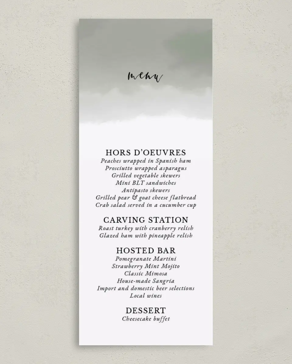 This is a 3⅝" x 8⅞" Wedding Menu Card called Night of Giving printed in full color on Premium Smooth paper